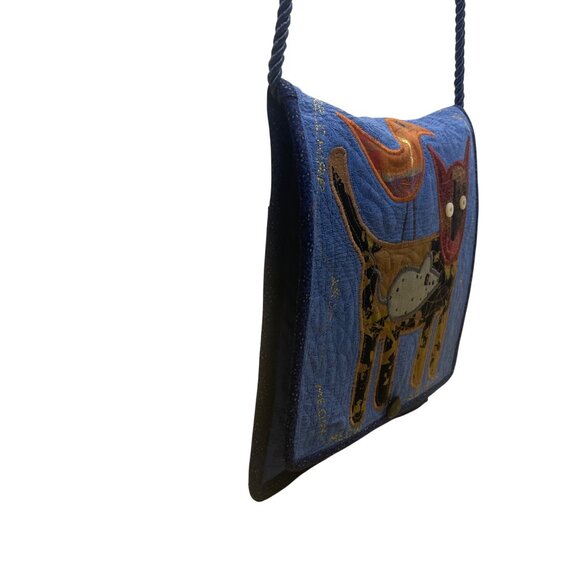 Whimsical Handcrafted Blue Cat Bird & Mouse Applique Quilted Crossbody Bag - Picture 2 of 9